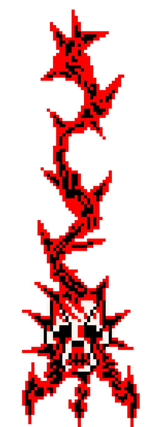 Sprite of one of the enemies of the game that is basically a skull with red spiked tentacles coming out of it.